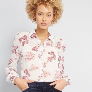 Modcloth Be Buzzworthy White Chiffon Blouse Floral